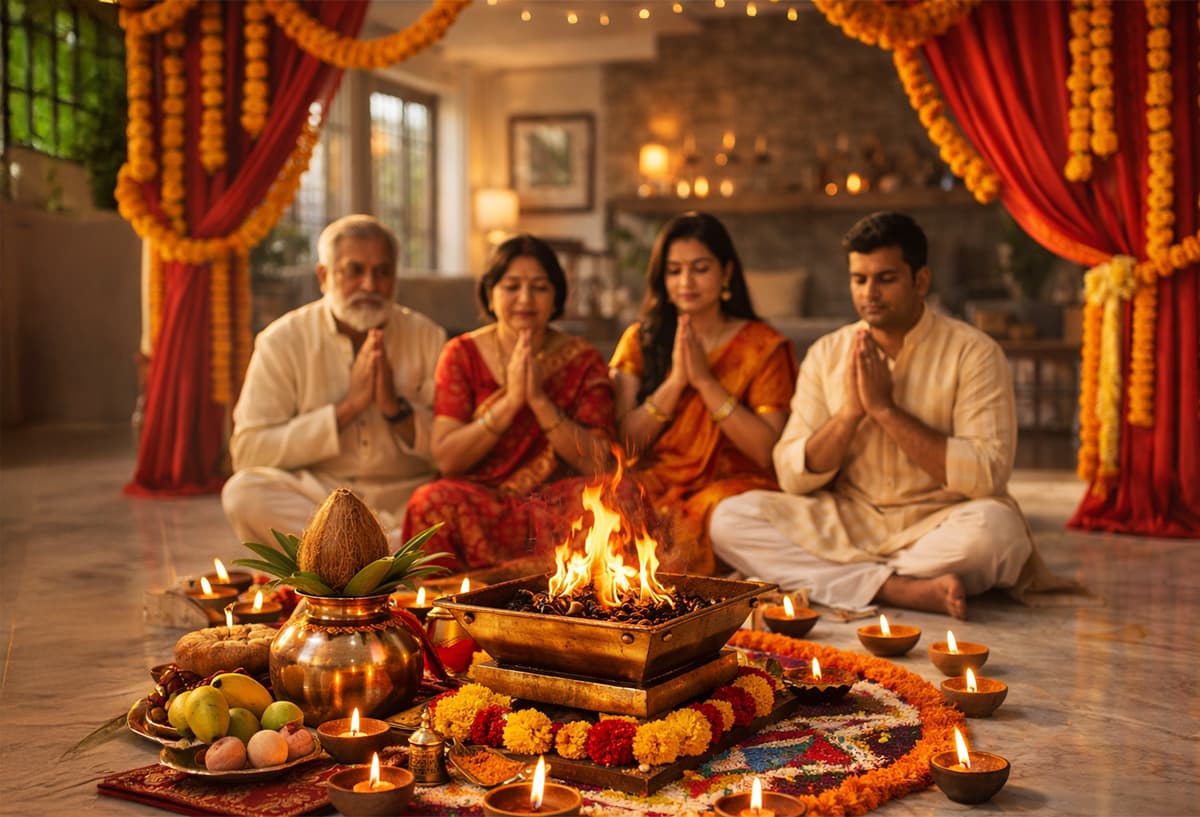 A beautifully decorated pooja and havan setup with marigolds, diyas and sacred offerings arranged professionally in Gurgaon